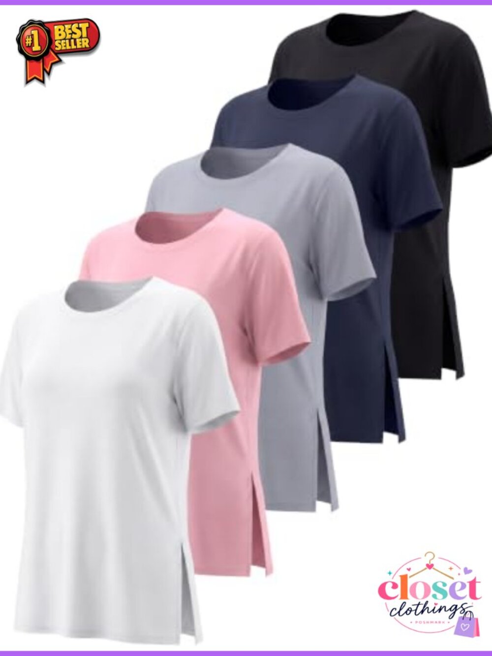 5 Pack Women's Dry Fit Slit Hem Workout Tops Crew Neck Athletic Gym Tees